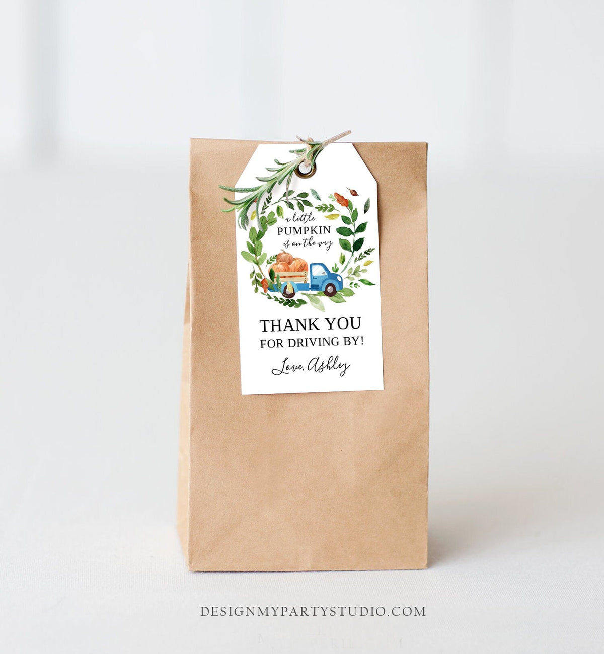 Editable Pumpkin Truck Favor Tag Drive By Birthday Favors Party Parade Fall Thank You Gift Tags Boy Blue Corjl Template Printable 0154