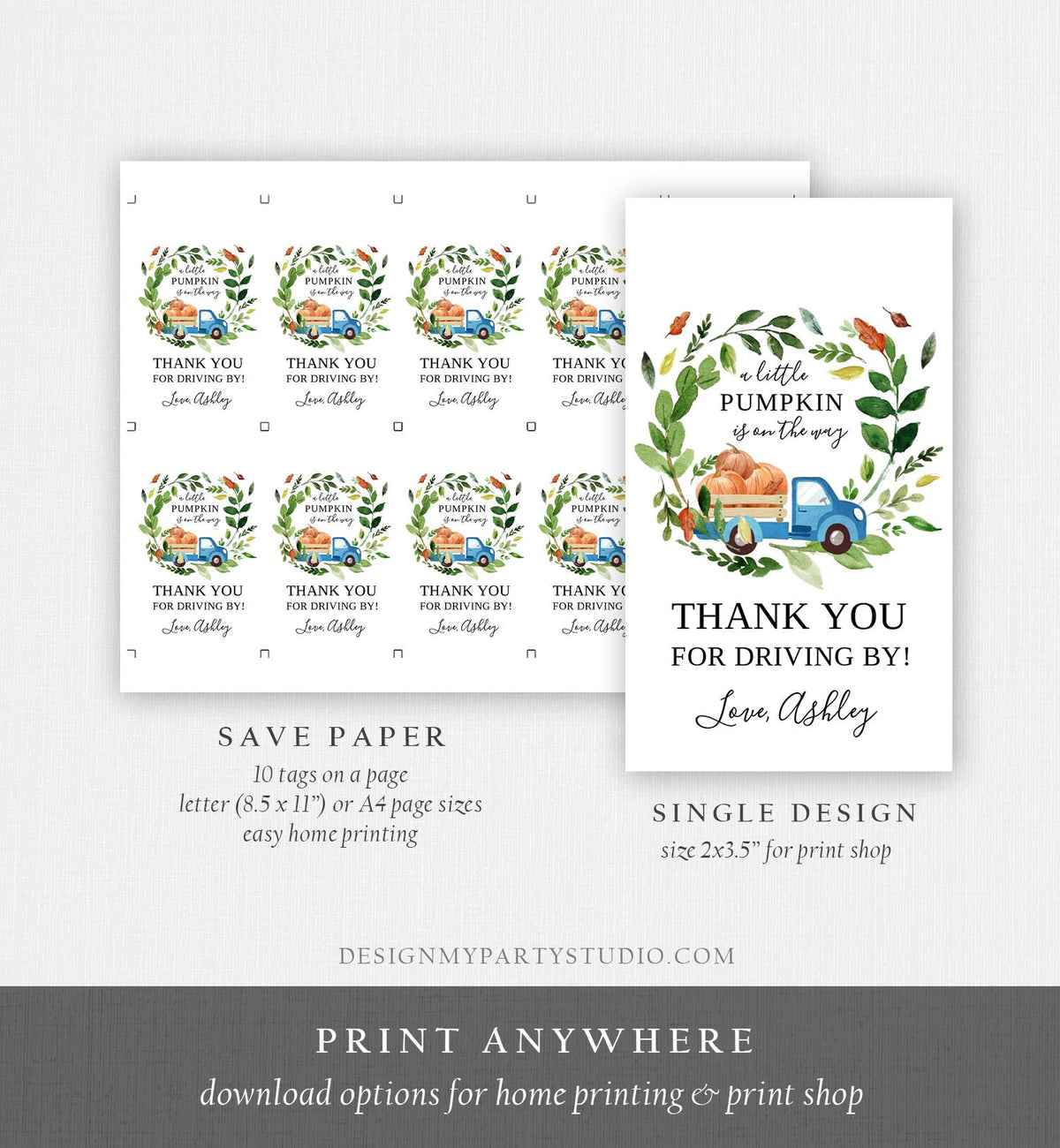 Editable Pumpkin Truck Favor Tag Drive By Birthday Favors Party Parade Fall Thank You Gift Tags Boy Blue Corjl Template Printable 0154