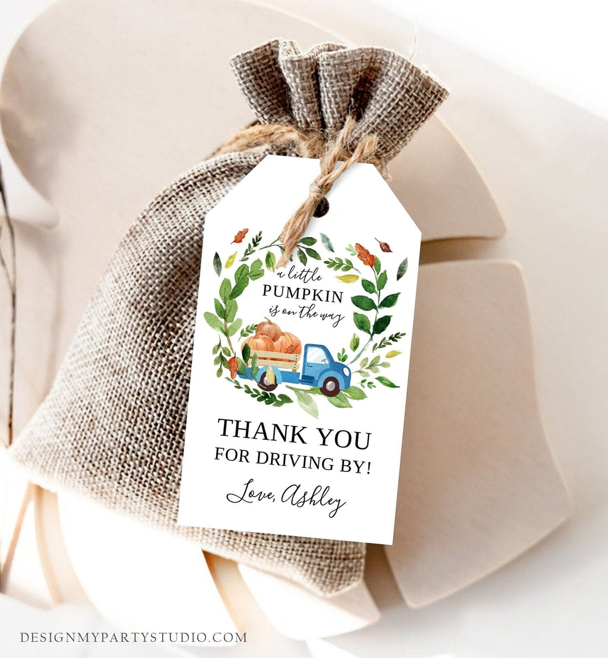 Editable Pumpkin Truck Favor Tag Drive By Birthday Favors Party Parade Fall Thank You Gift Tags Boy Blue Corjl Template Printable 0154