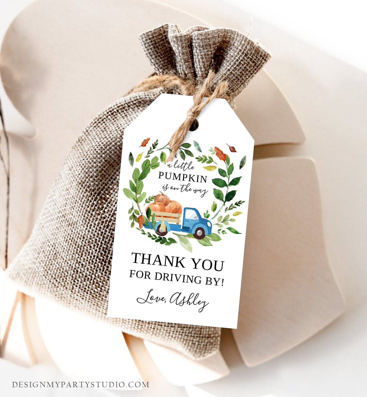 Editable Pumpkin Truck Favor Tag Drive By Birthday Favors Party Parade Fall Thank You Gift Tags Boy Blue Corjl Template Printable 0154