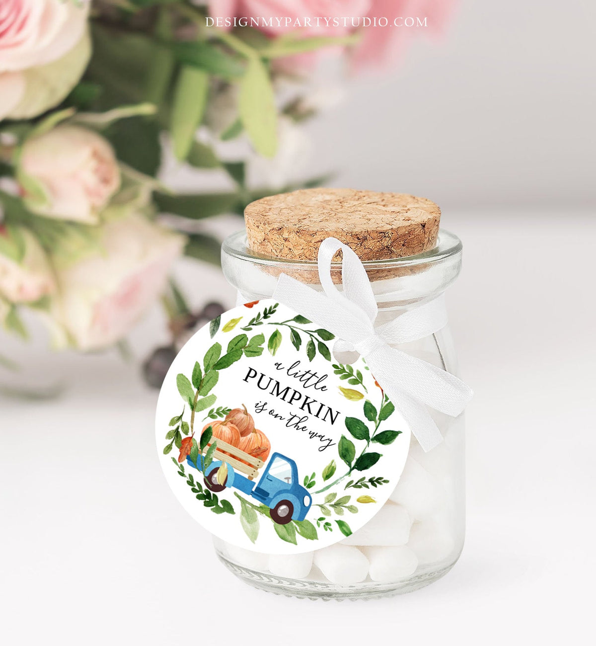 Editable Pumpkin Truck Favor Tag Drive By Birthday Favors Party Parade Fall Thank You Gift Tags Boy Blue Corjl Template Printable 0154