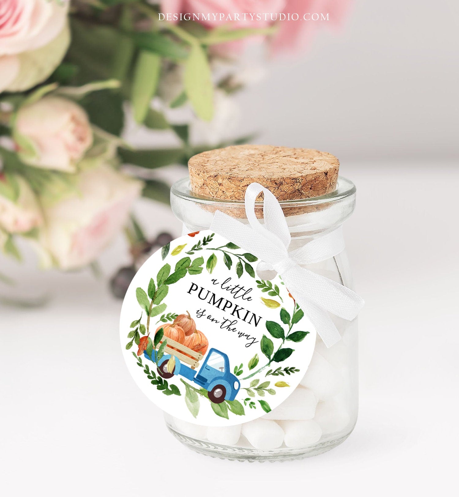 Editable Pumpkin Truck Favor Tag Drive By Birthday Favors Party Parade Fall Thank You Gift Tags Boy Blue Corjl Template Printable 0154