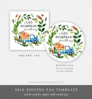 Editable Pumpkin Truck Favor Tag Drive By Birthday Favors Party Parade Fall Thank You Gift Tags Boy Blue Corjl Template Printable 0154