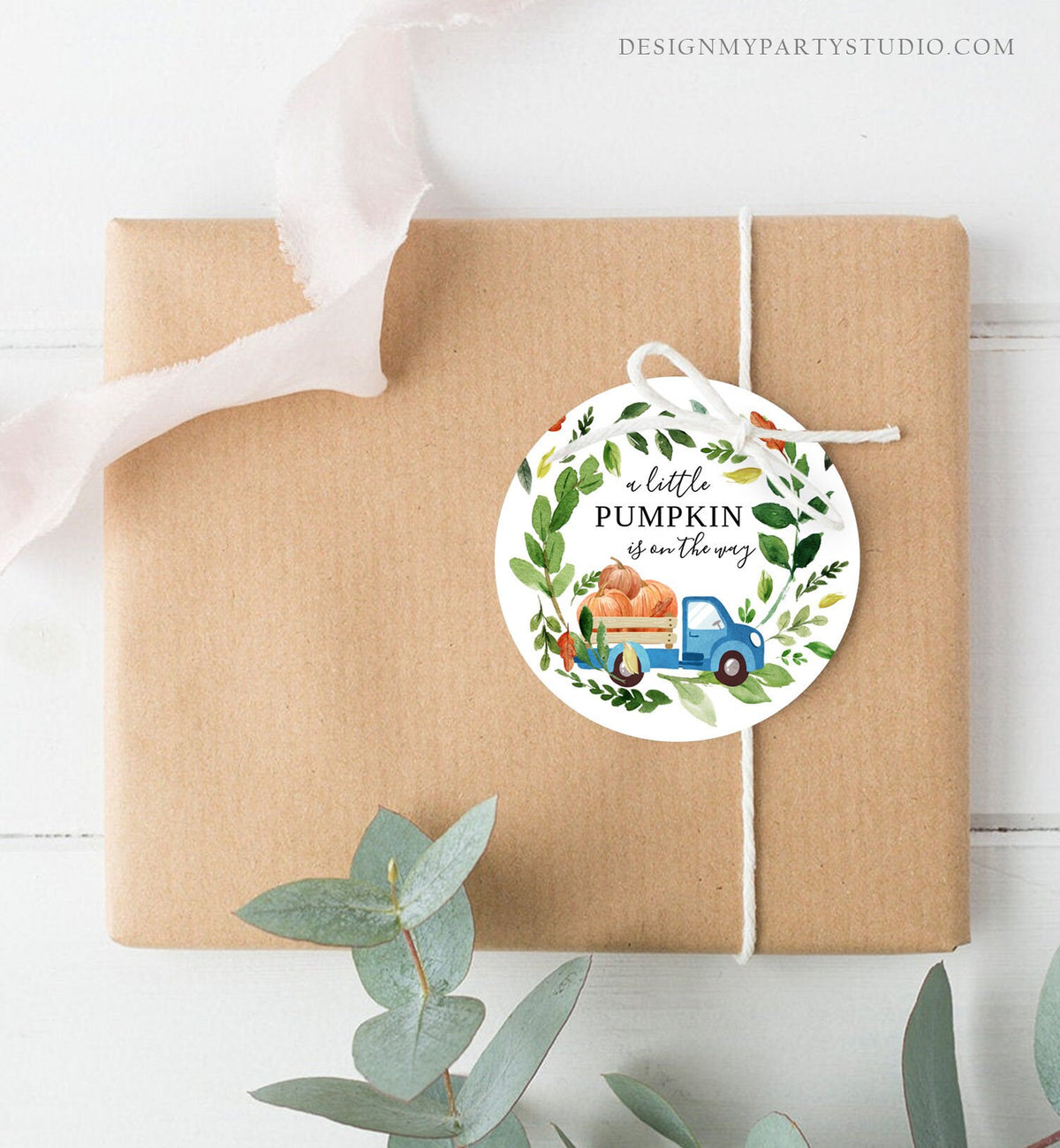 Editable Pumpkin Truck Favor Tag Drive By Birthday Favors Party Parade Fall Thank You Gift Tags Boy Blue Corjl Template Printable 0154