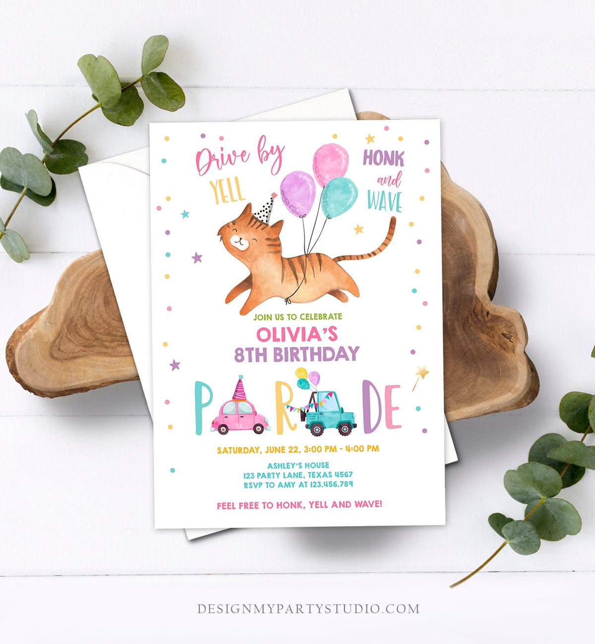 Editable Cat Drive By Birthday Parade Invitation Kitten Virtual Party Invite Honk Wave Car Girl Pink Quarantine Download Digital Corjl 0348