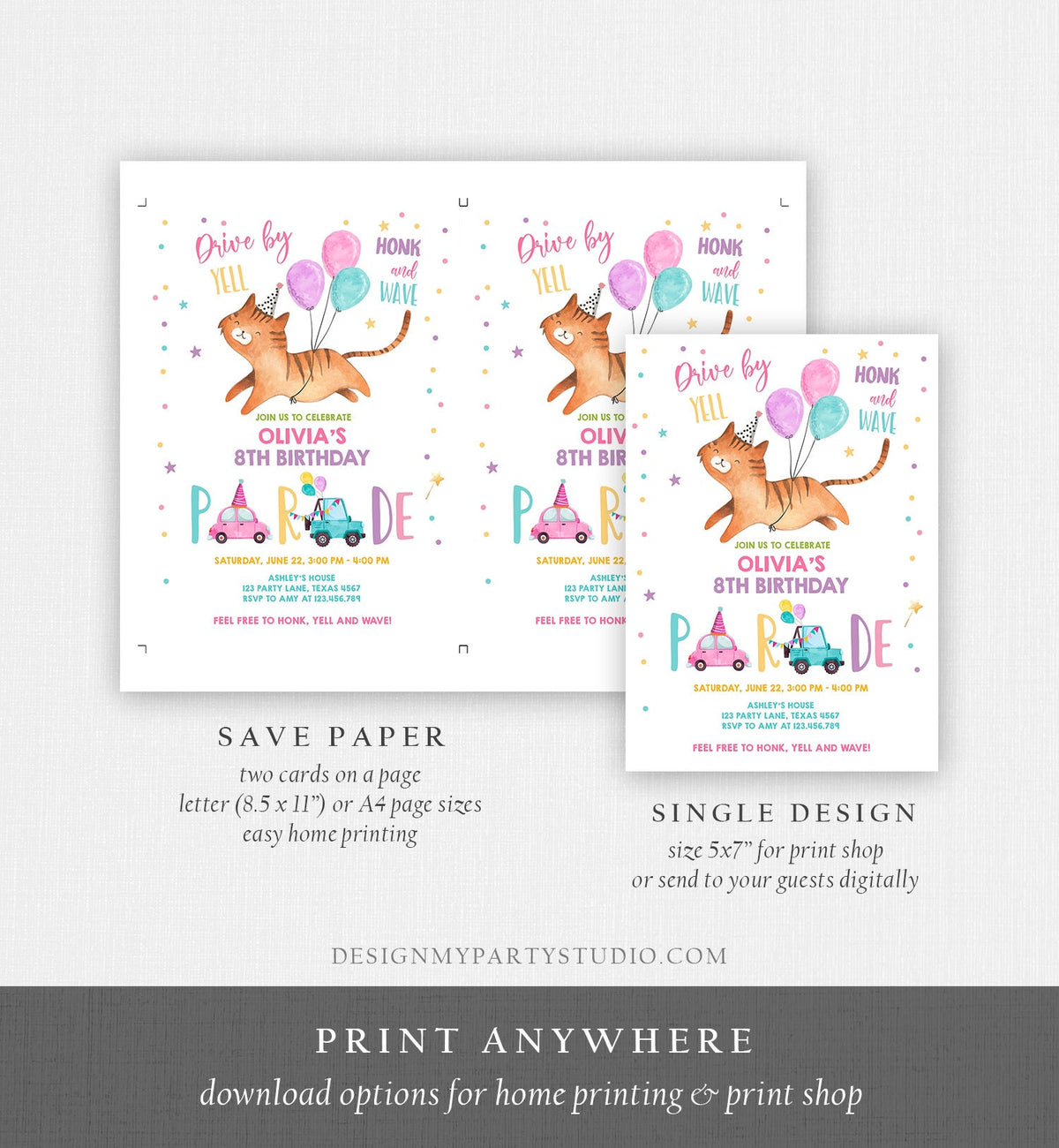 Editable Cat Drive By Birthday Parade Invitation Kitten Virtual Party Invite Honk Wave Car Girl Pink Quarantine Download Digital Corjl 0348