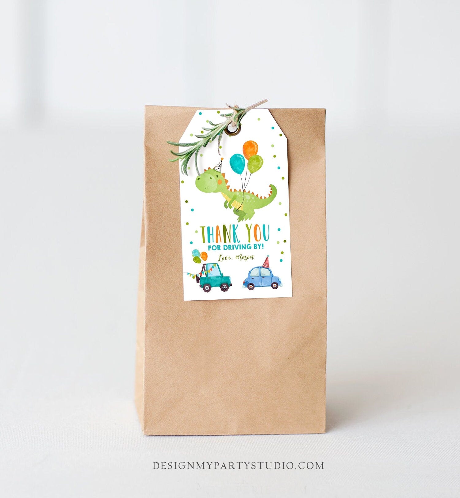 Editable Dinosaur Favor Tag Drive By Birthday Favors Party Parade Dino Boy Car Thank You Gift Tags T-Rex Corjl Template Printable 0340
