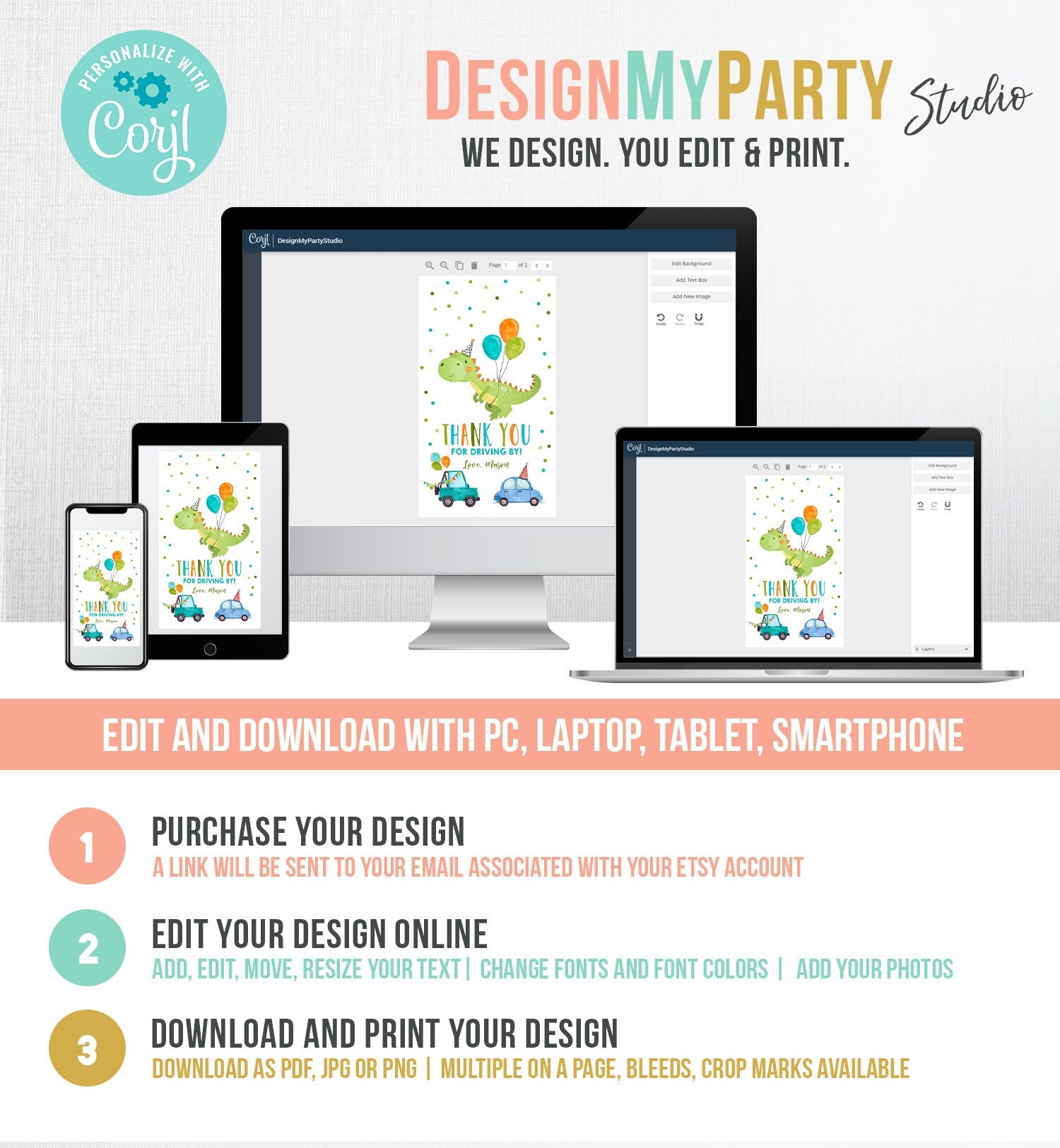 Editable Dinosaur Favor Tag Drive By Birthday Favors Party Parade Dino Boy Car Thank You Gift Tags T-Rex Corjl Template Printable 0340