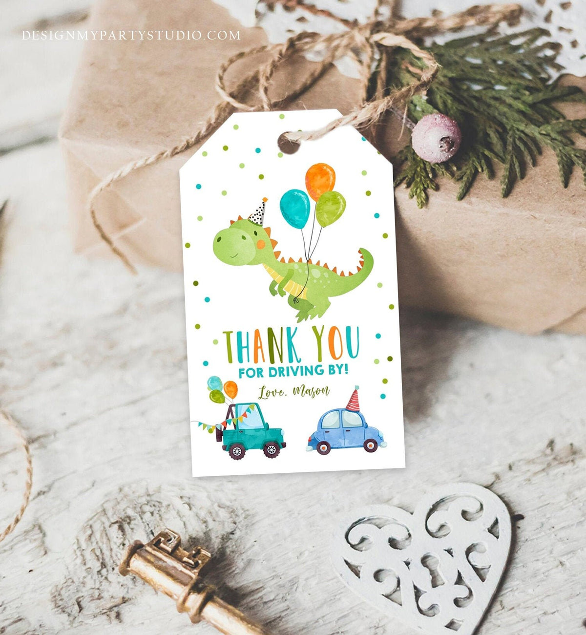 Editable Dinosaur Favor Tag Drive By Birthday Favors Party Parade Dino Boy Car Thank You Gift Tags T-Rex Corjl Template Printable 0340