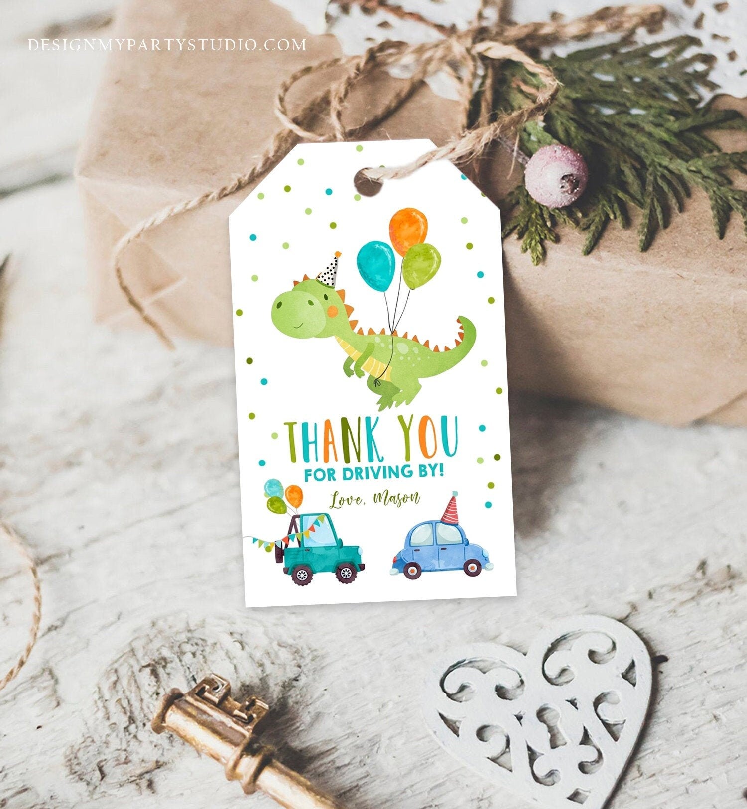 Editable Dinosaur Favor Tag Drive By Birthday Favors Party Parade Dino Boy Car Thank You Gift Tags T-Rex Corjl Template Printable 0340