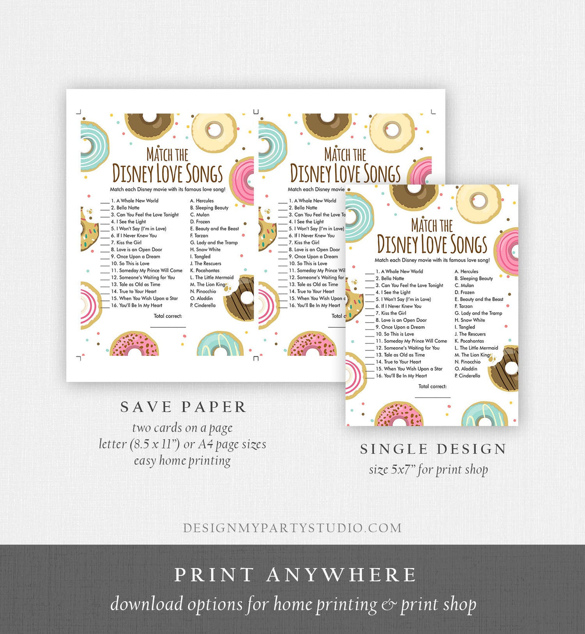 Editable Disney Love Songs Bridal Shower Game Quotes Donut Bridal Shower Shower Games Wedding Activity Corjl Template Printable 0050