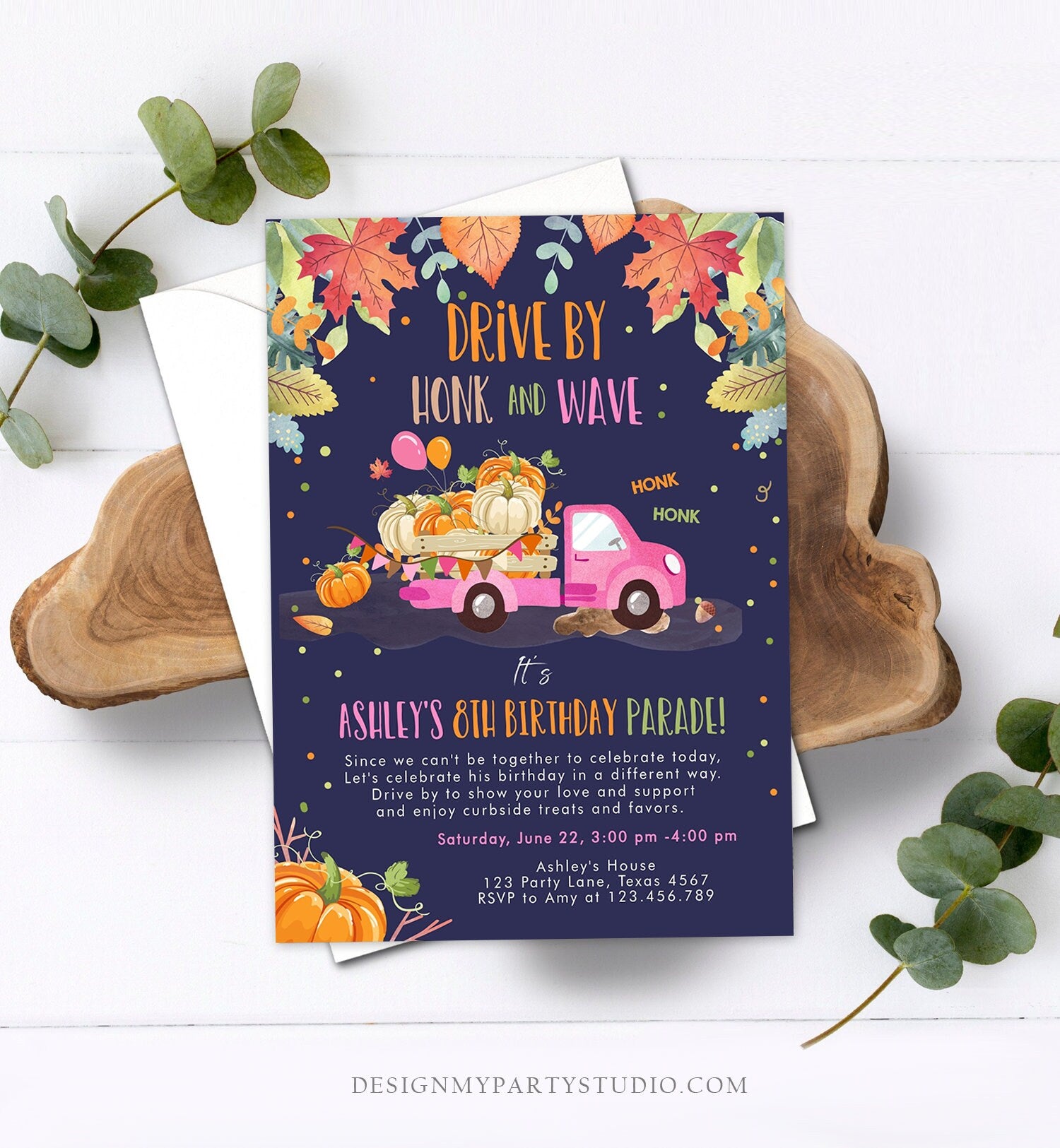 Editable Pumpkin Truck Drive By Birthday Parade Invitation Virtual Party Invite Honk Car Drive Through Fall Girl Pink Download Corjl 0153