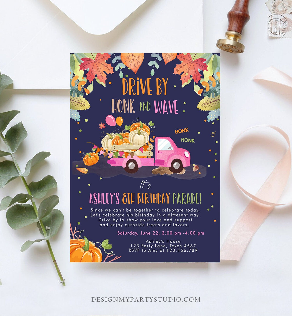 Editable Pumpkin Truck Drive By Birthday Parade Invitation Virtual Party Invite Honk Car Drive Through Fall Girl Pink Download Corjl 0153