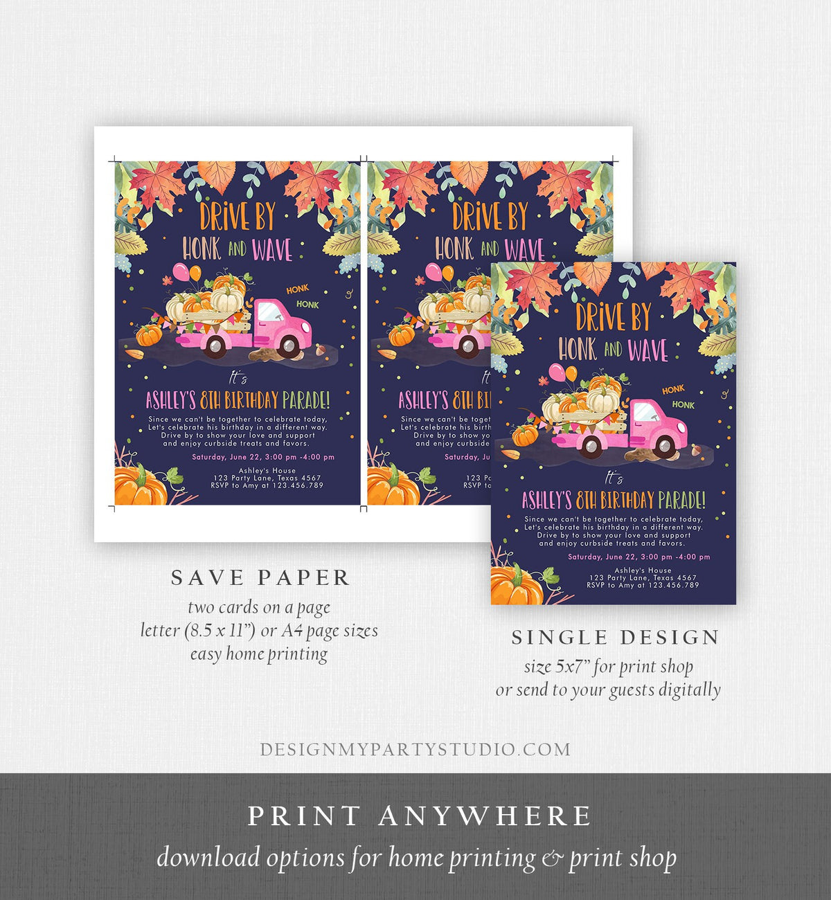 Editable Pumpkin Truck Drive By Birthday Parade Invitation Virtual Party Invite Honk Car Drive Through Fall Girl Pink Download Corjl 0153