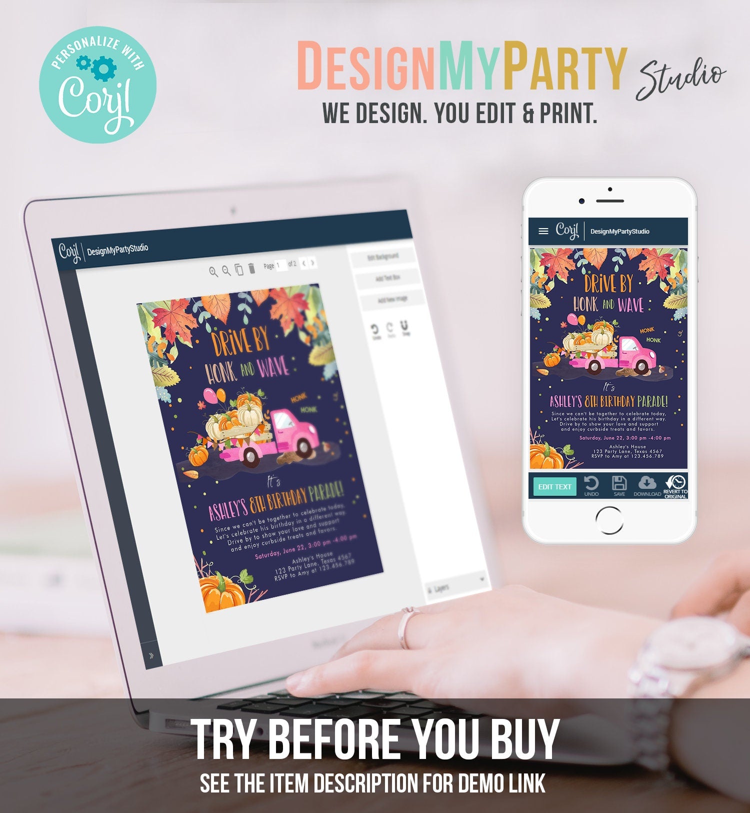 Editable Pumpkin Truck Drive By Birthday Parade Invitation Virtual Party Invite Honk Car Drive Through Fall Girl Pink Download Corjl 0153