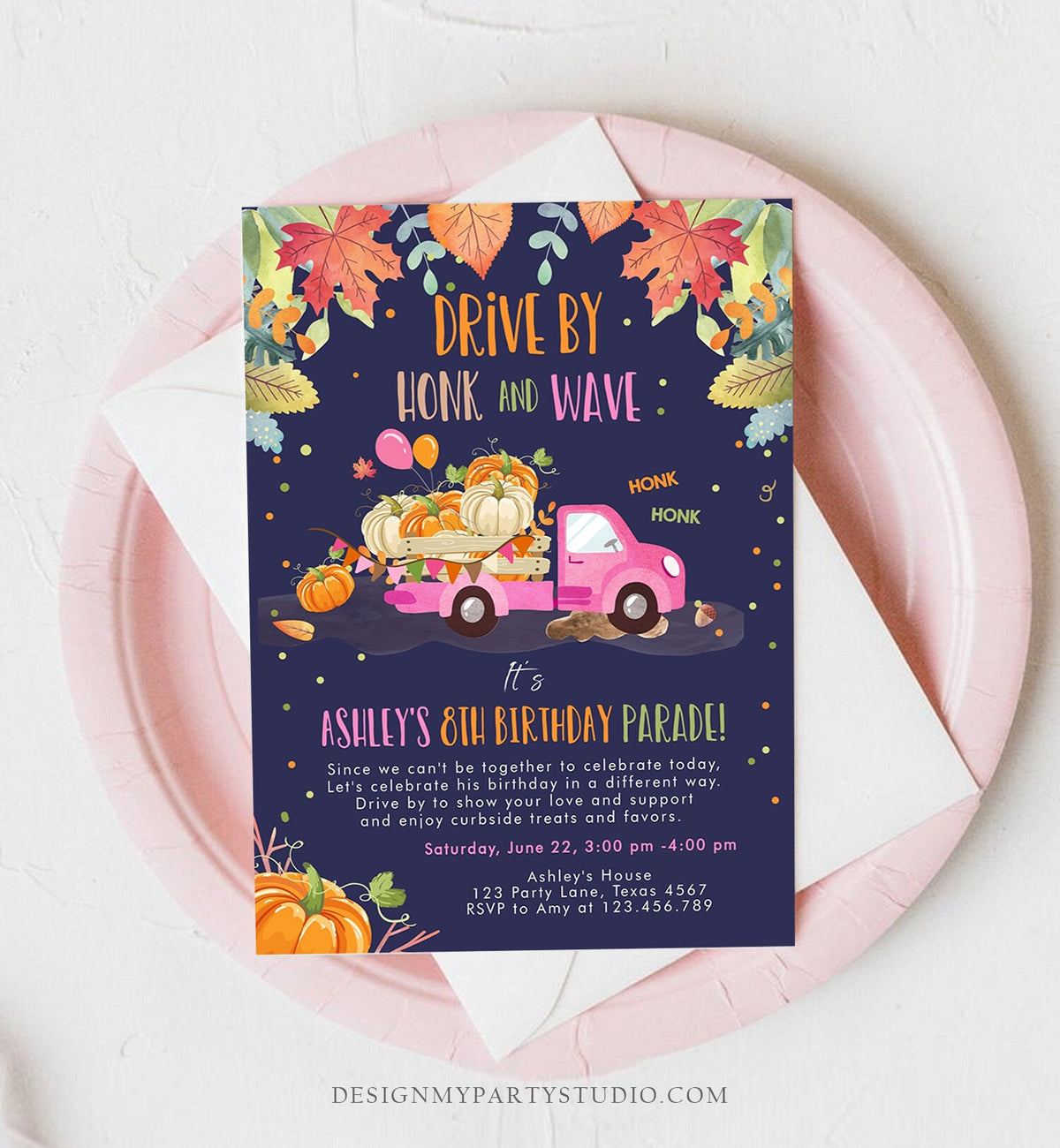 Editable Pumpkin Truck Drive By Birthday Parade Invitation Virtual Party Invite Honk Car Drive Through Fall Girl Pink Download Corjl 0153