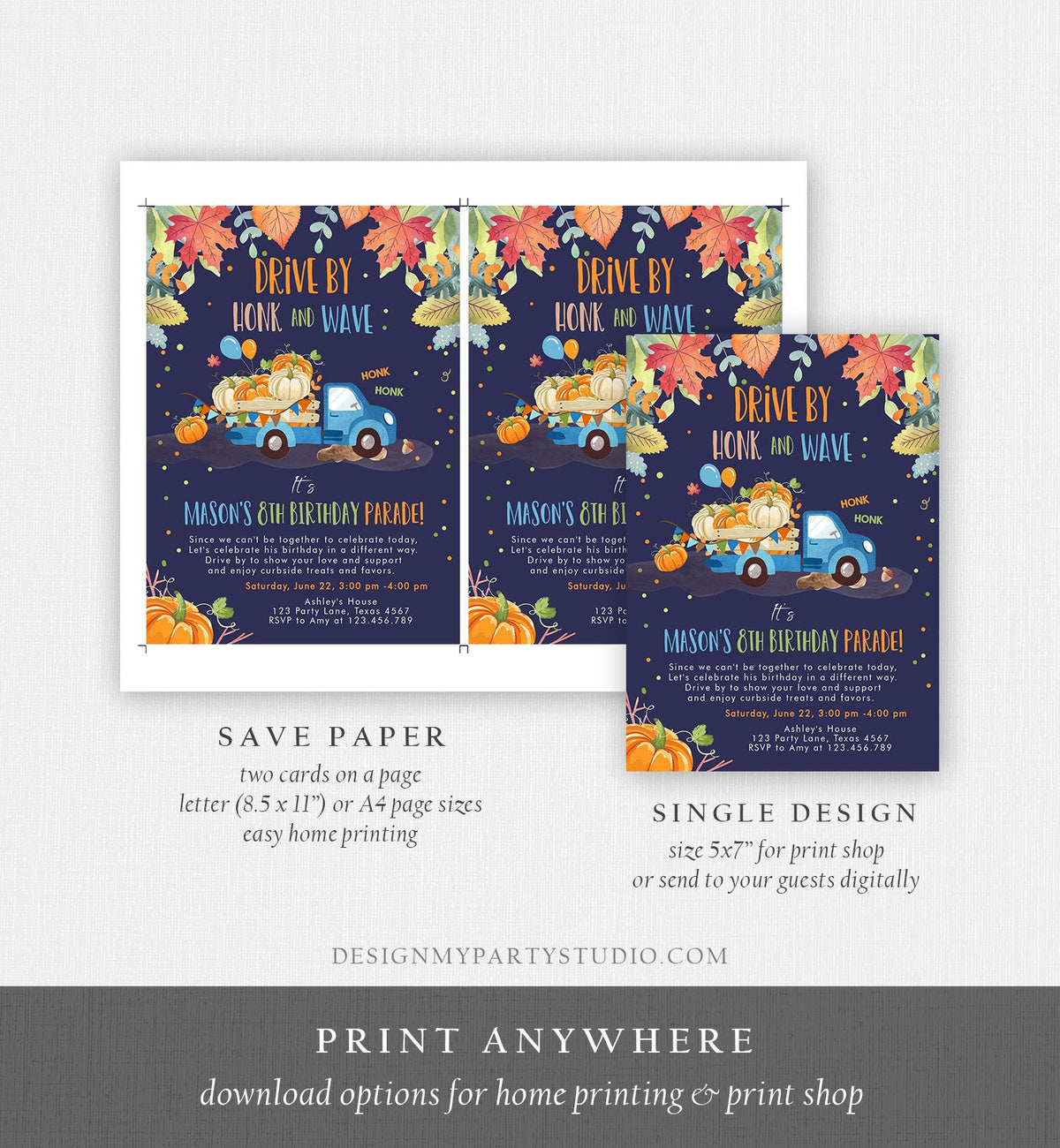 Editable Pumpkin Truck Drive By Birthday Parade Invitation Virtual Party Invite Honk Car Drive Through Fall Boy Blue Download Corjl 0153