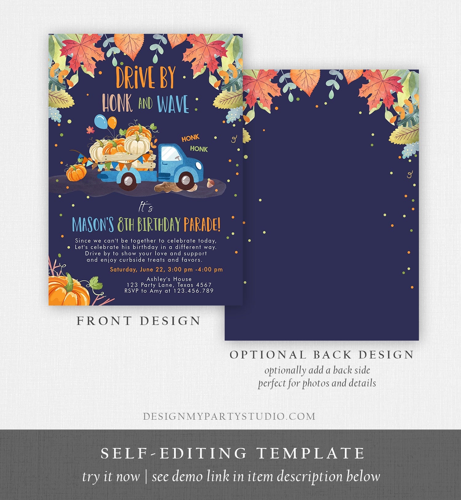 Editable Pumpkin Truck Drive By Birthday Parade Invitation Virtual Party Invite Honk Car Drive Through Fall Boy Blue Download Corjl 0153
