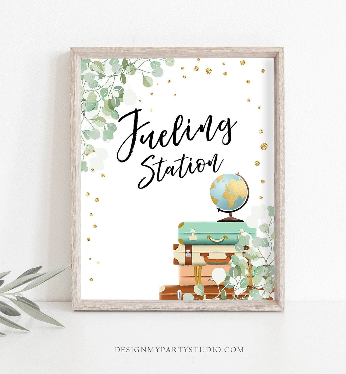 Miss to Mrs Travel Fueling Station Sign Bridal Shower Wedding Birthday Eucalyptus Globe Suitcase Greenery Instant Download PRINTABLE 0030