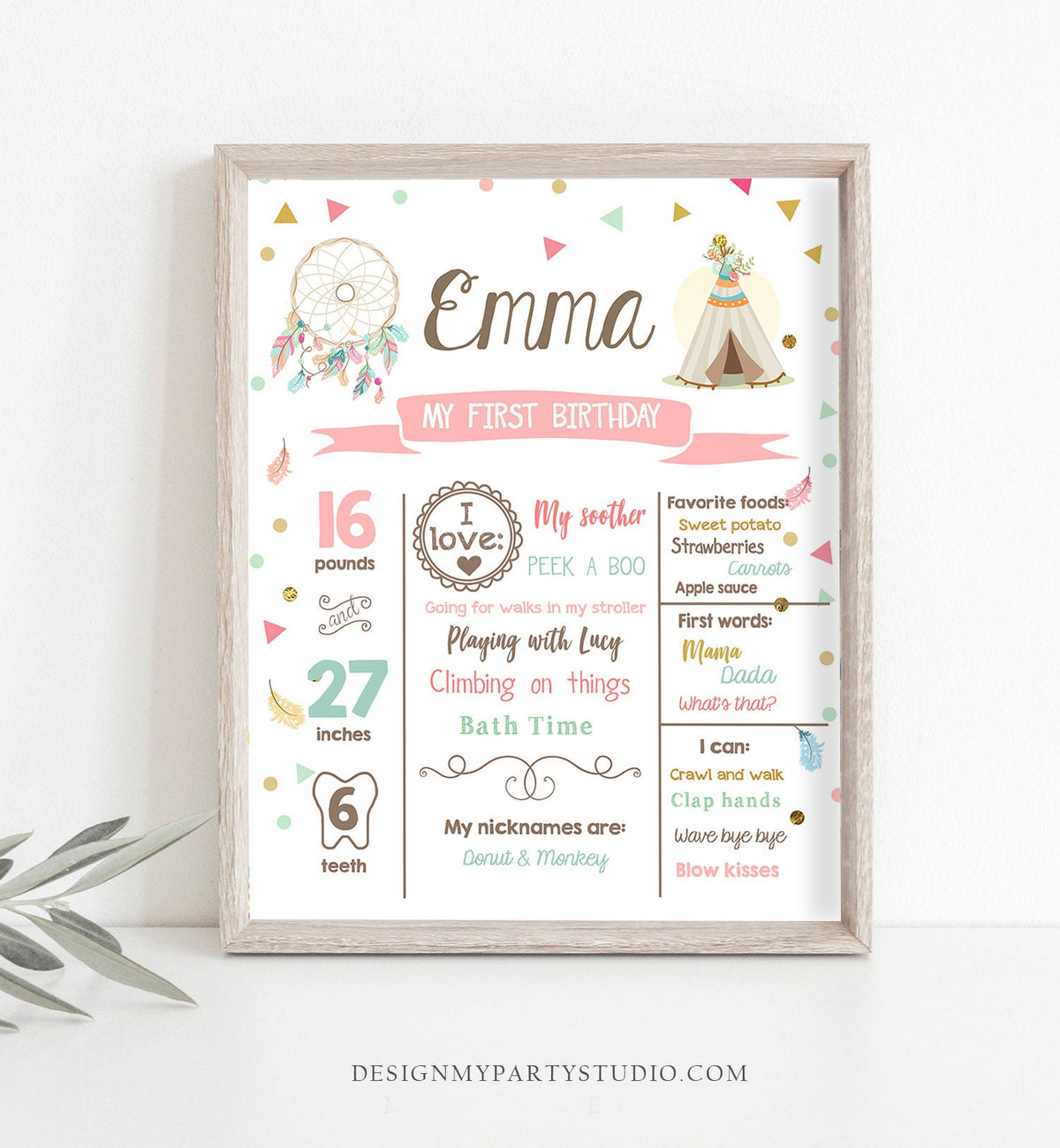 Editable Teepee Dream Catcher Birthday Milestones Sign Wild One Tribal First Birthday Girl Pink Gold Boho Download Template Printable 0092