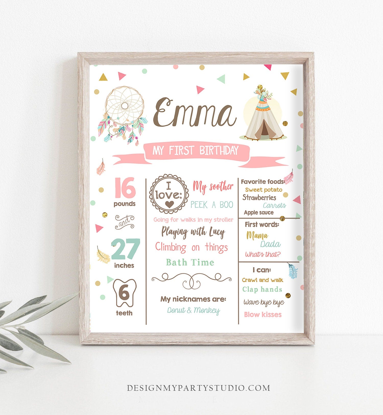 Editable Teepee Dream Catcher Birthday Milestones Sign Wild One Tribal First Birthday Girl Pink Gold Boho Download Template Printable 0092