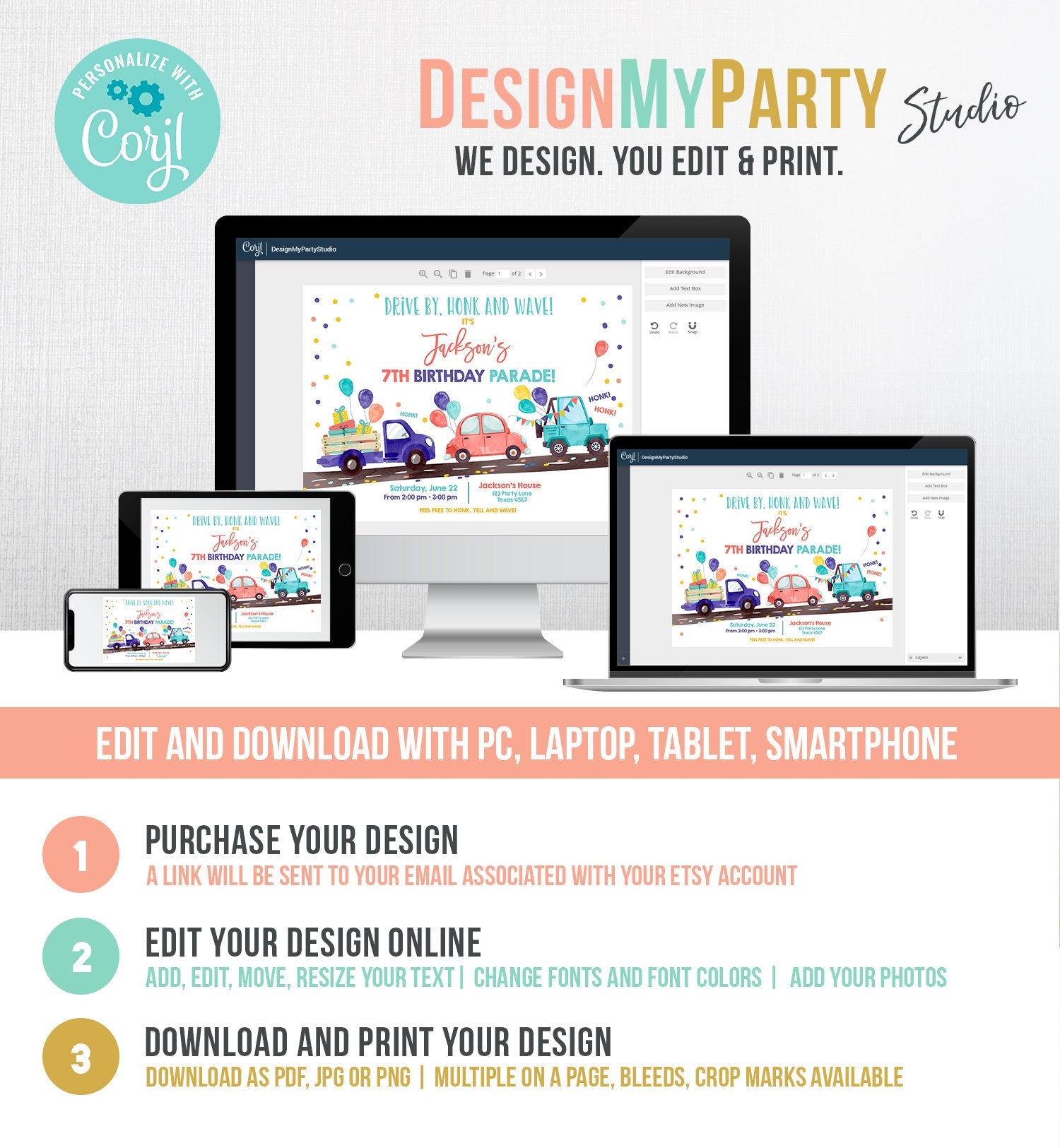 Editable Drive By Birthday Parade Invitation Virtual Party Invite Honk Wave Car Boy Neutral Girl Coed Twin Download Digital Corjl 0333