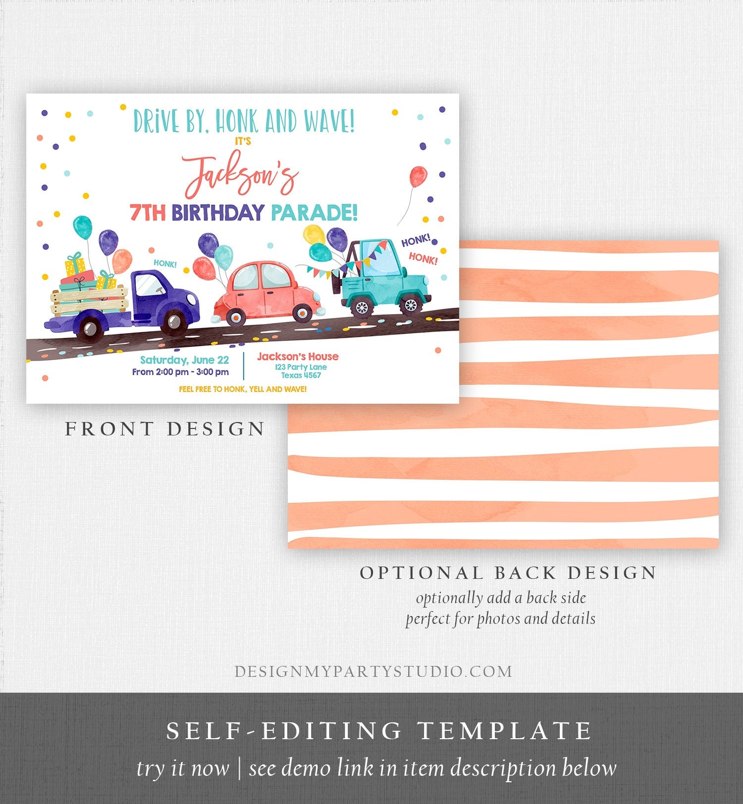 Editable Drive By Birthday Parade Invitation Virtual Party Invite Honk Wave Car Boy Neutral Girl Coed Twin Download Digital Corjl 0333