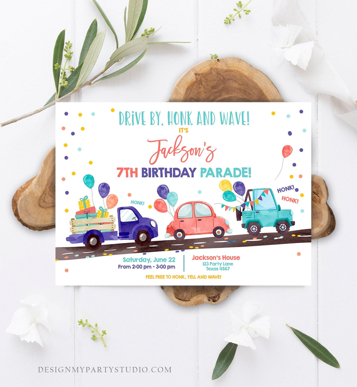 Editable Drive By Birthday Parade Invitation Virtual Party Invite Honk Wave Car Boy Neutral Girl Coed Twin Download Digital Corjl 0333