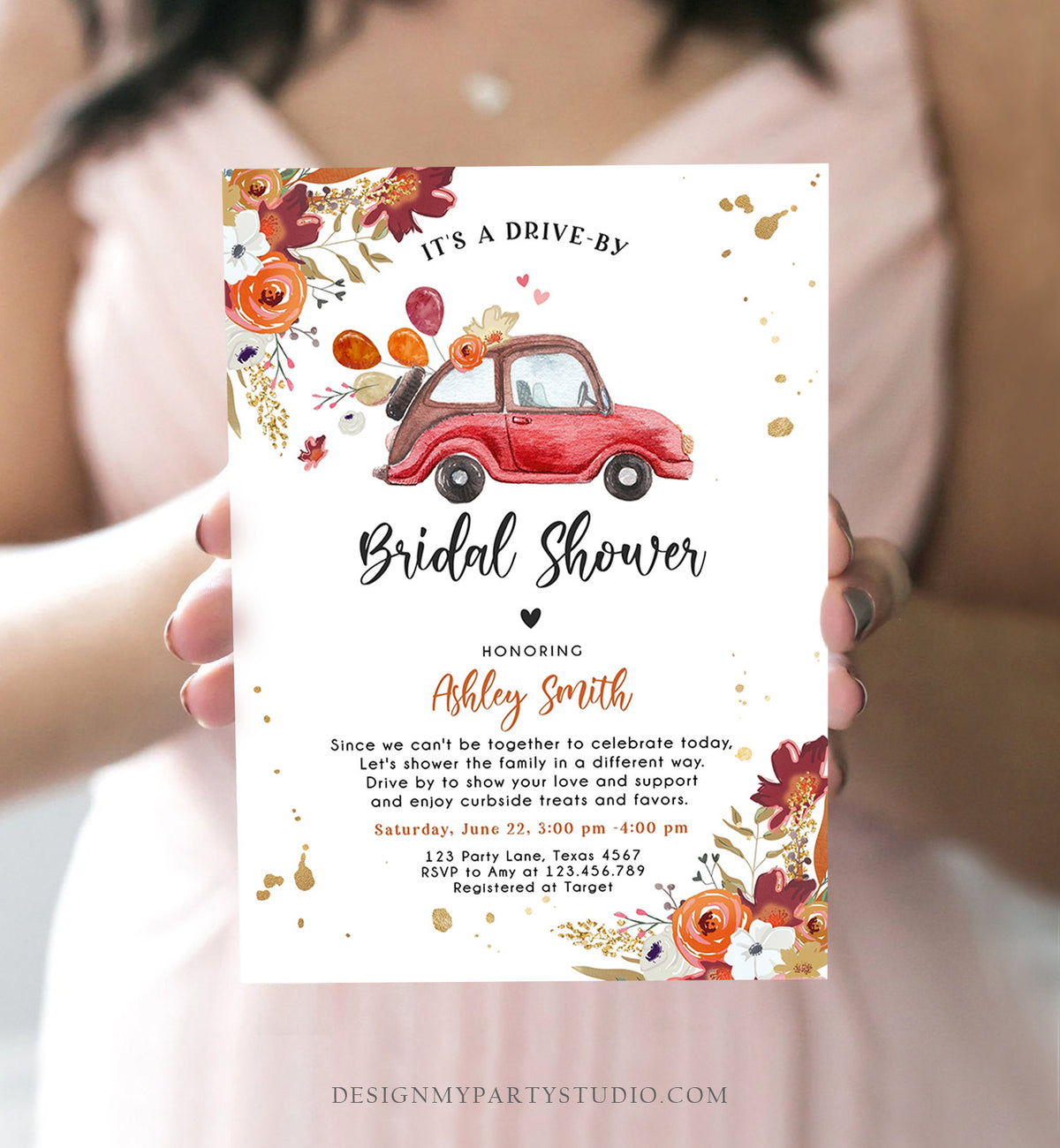 Editable Fall Drive By Bridal Shower Invitation Couples Shower Invite Quarantine Burgundy Rust Fall in Love Template Download Corjl 0335