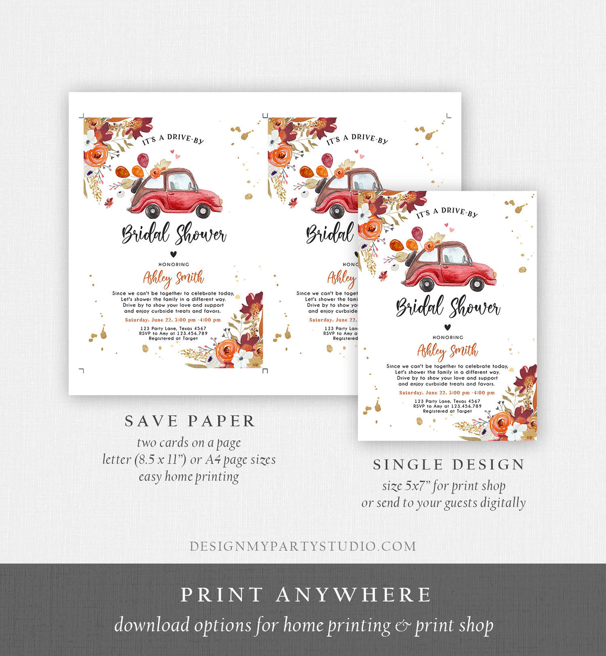 Editable Fall Drive By Bridal Shower Invitation Couples Shower Invite Quarantine Burgundy Rust Fall in Love Template Download Corjl 0335
