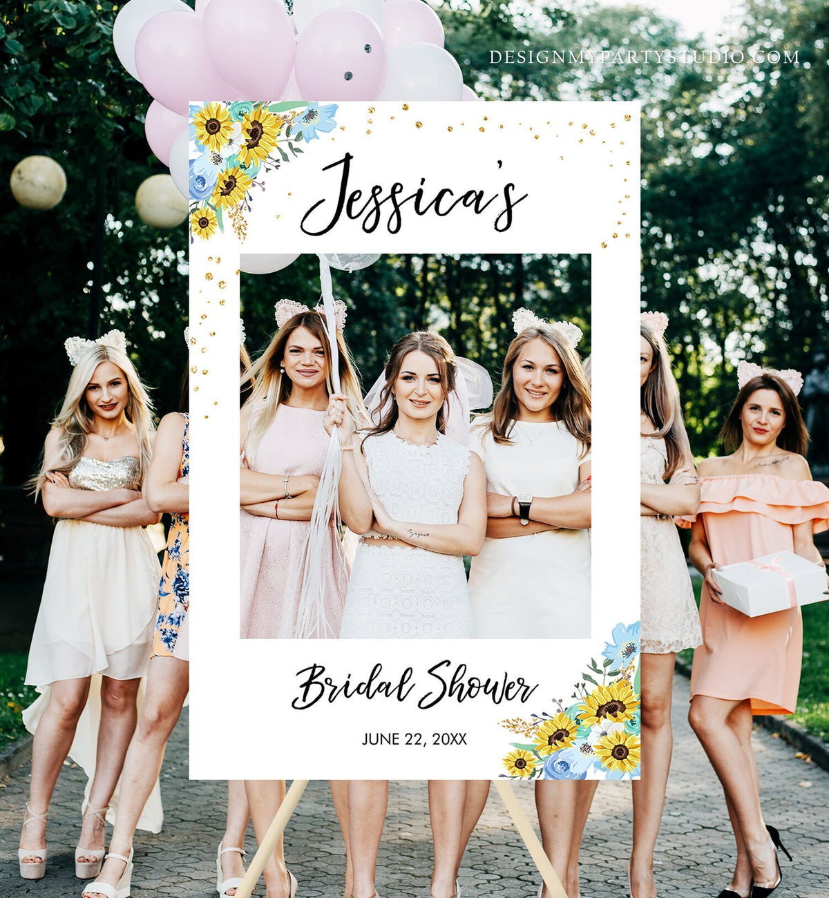 Editable Sunflowers Photo Booth Frame Bridal Shower Photo Prop Blue Floral Sign Sunflower Bridal Shower Corjl Template Printable 0030