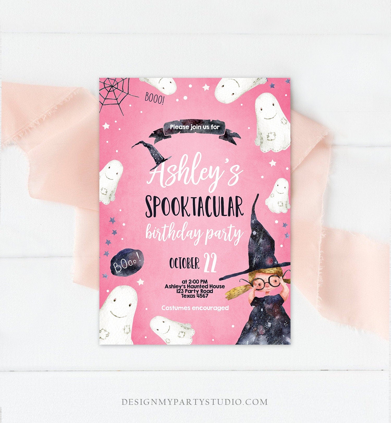 Editable Halloween Birthday Invitation Costume Party Blond Girl Pink Spooktacular Witch Hat Party Download Printable Template Corjl 0260