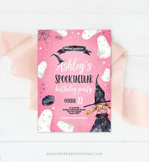 Editable Halloween Birthday Invitation Costume Party Blond Girl Pink Spooktacular Witch Hat Party Download Printable Template Corjl 0260