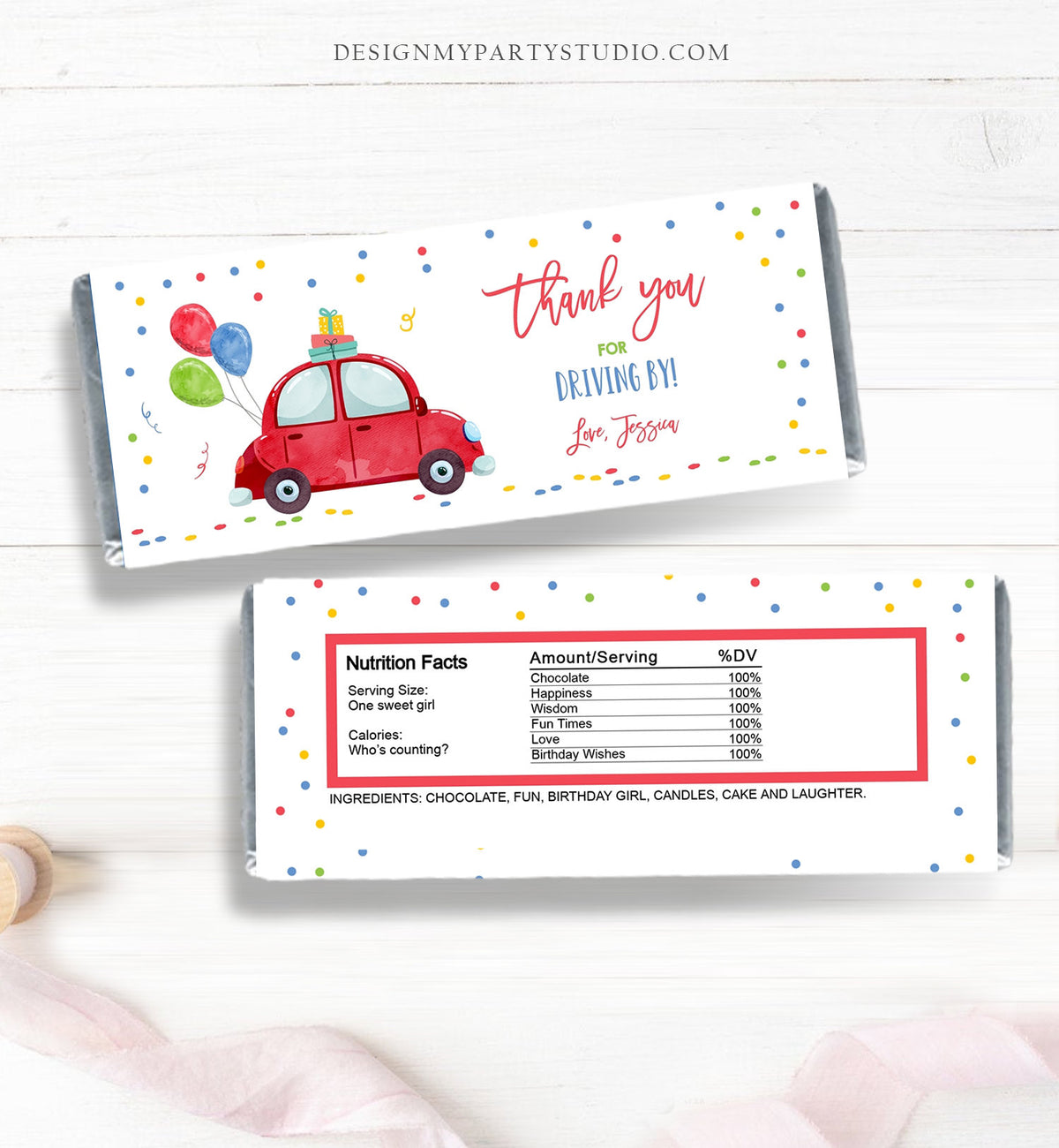 Editable Candy Bar Wrapper Drive By Birthday Candy Bar Wrapper Drive By Favors Party Parade Girl Boy Red Car Thank You PRINTABLE Corjl 0333