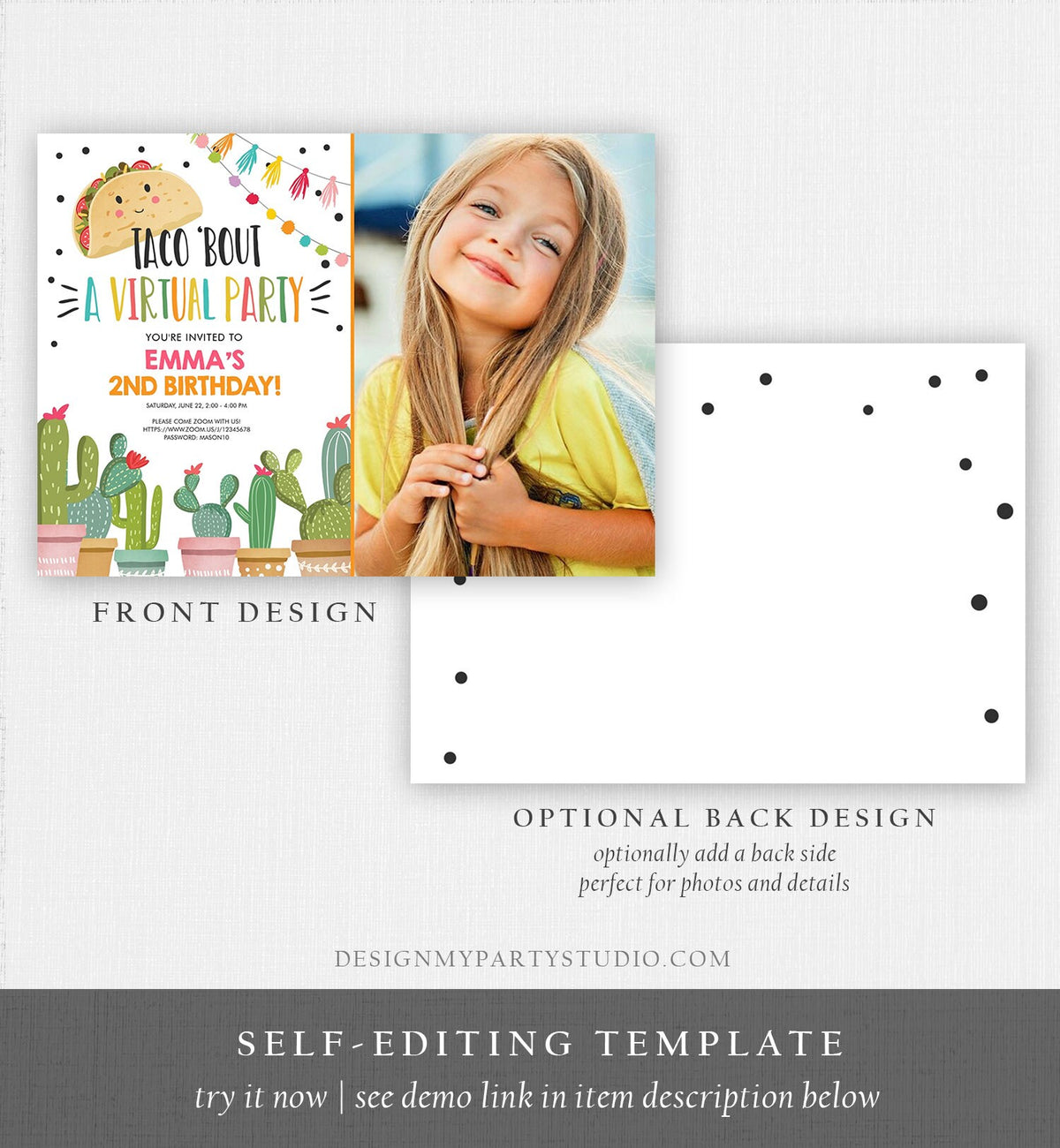 Editable Taco Bout a Virtual Party Birthday Invitation ANY AGE Girl Pink Cactus Fiesta Mexican Quarantine Download Corjl Template 0254