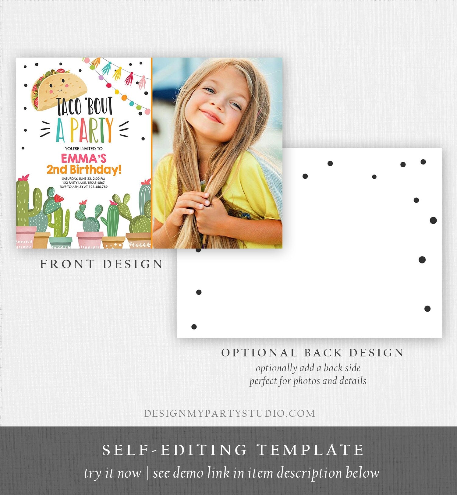 Editable Taco Bout a Party Birthday Invitation ANY AGE Girl Pink Cactus Fiesta Mexican Cinco de Mayo Download Printable Corjl Template 0254