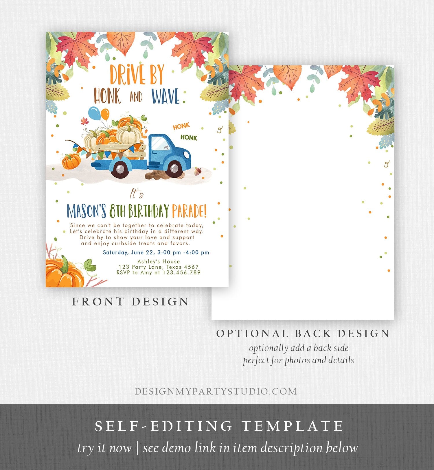 Editable Pumpkin Truck Drive By Birthday Parade Invitation Virtual Party Invite Honk Car Quarantine Fall Instant Download Digital Corjl 0153
