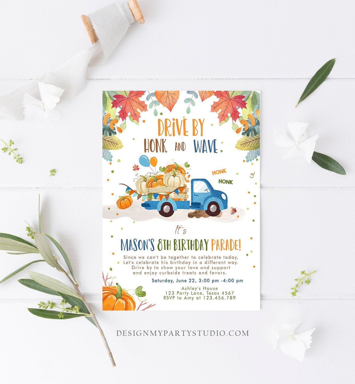 Editable Pumpkin Truck Drive By Birthday Parade Invitation Virtual Party Invite Honk Car Quarantine Fall Instant Download Digital Corjl 0153