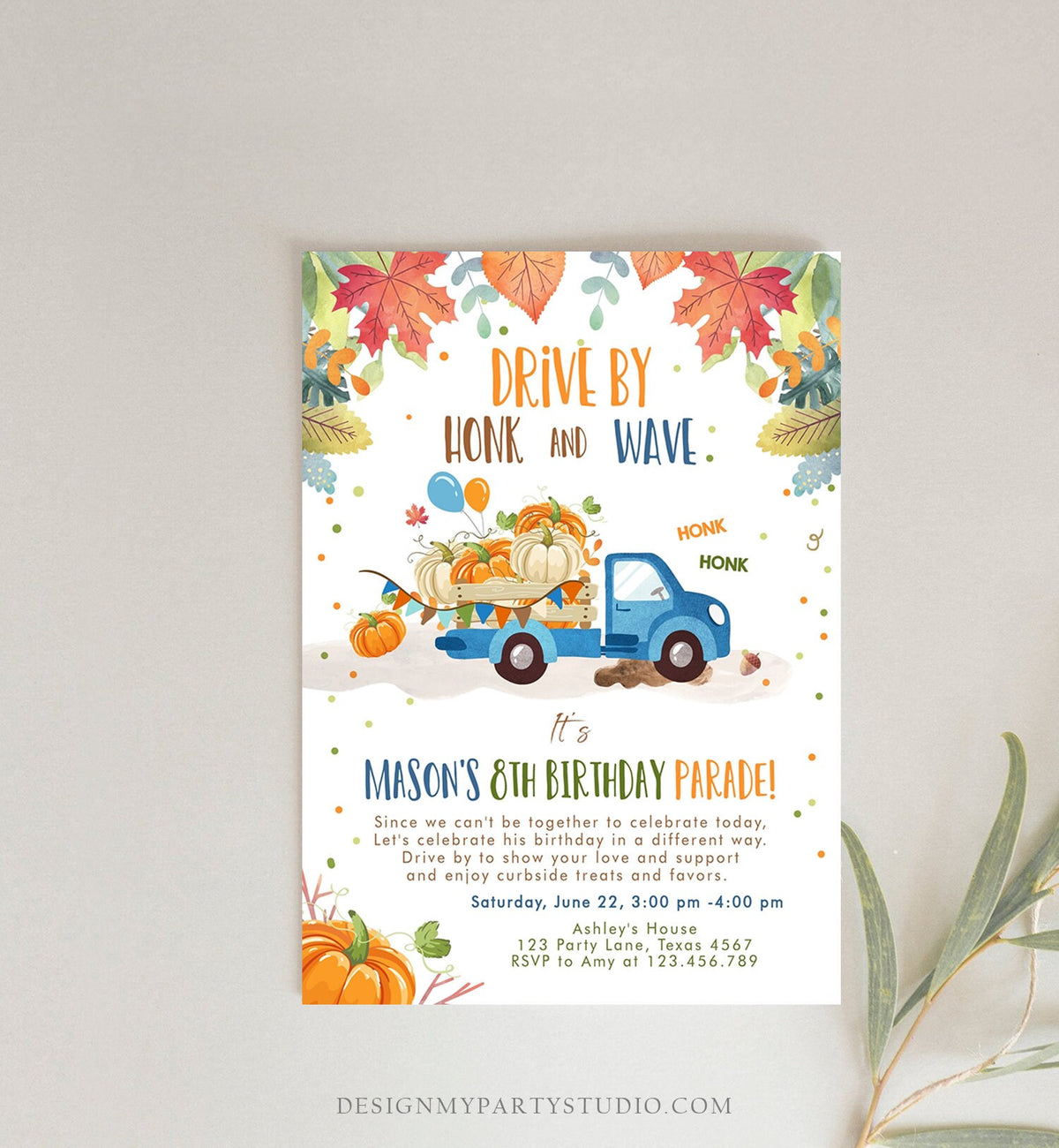 Editable Pumpkin Truck Drive By Birthday Parade Invitation Virtual Party Invite Honk Car Quarantine Fall Instant Download Digital Corjl 0153