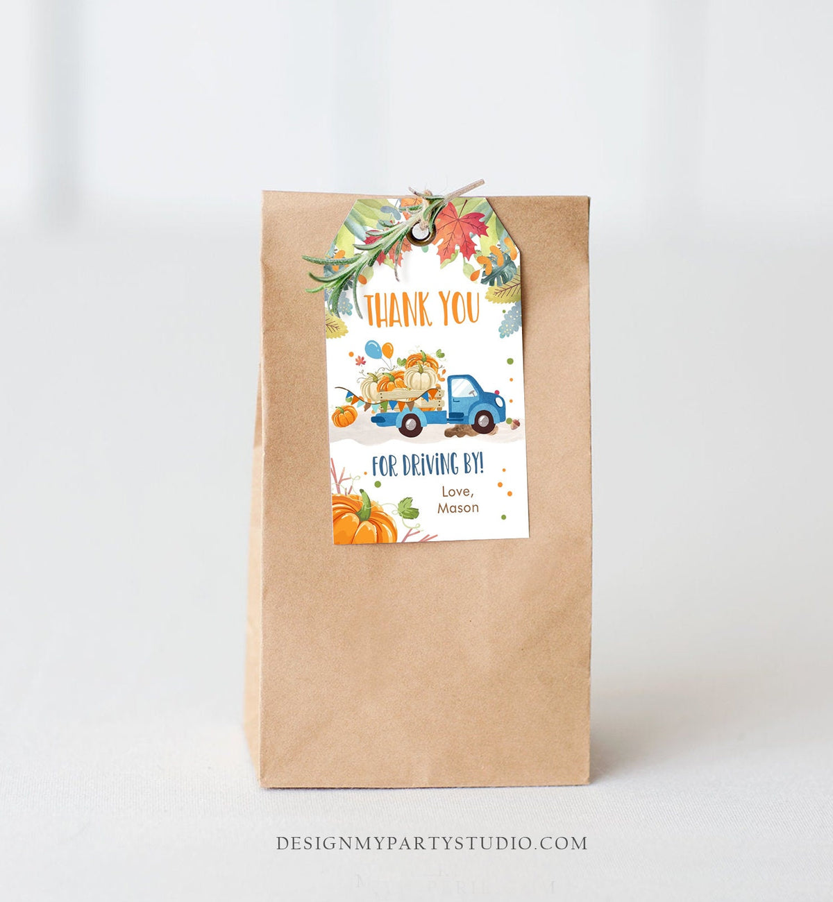 Editable Pumpkin Truck Favor Tag Drive By Birthday Favors Party Parade Fall Thank You Gift Tags Boy Blue Corjl Template Printable 0153