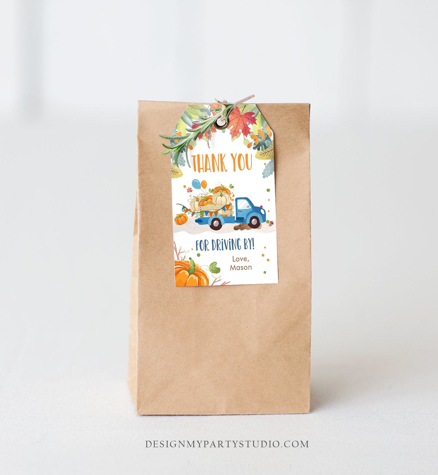 Editable Pumpkin Truck Favor Tag Drive By Birthday Favors Party Parade Fall Thank You Gift Tags Boy Blue Corjl Template Printable 0153