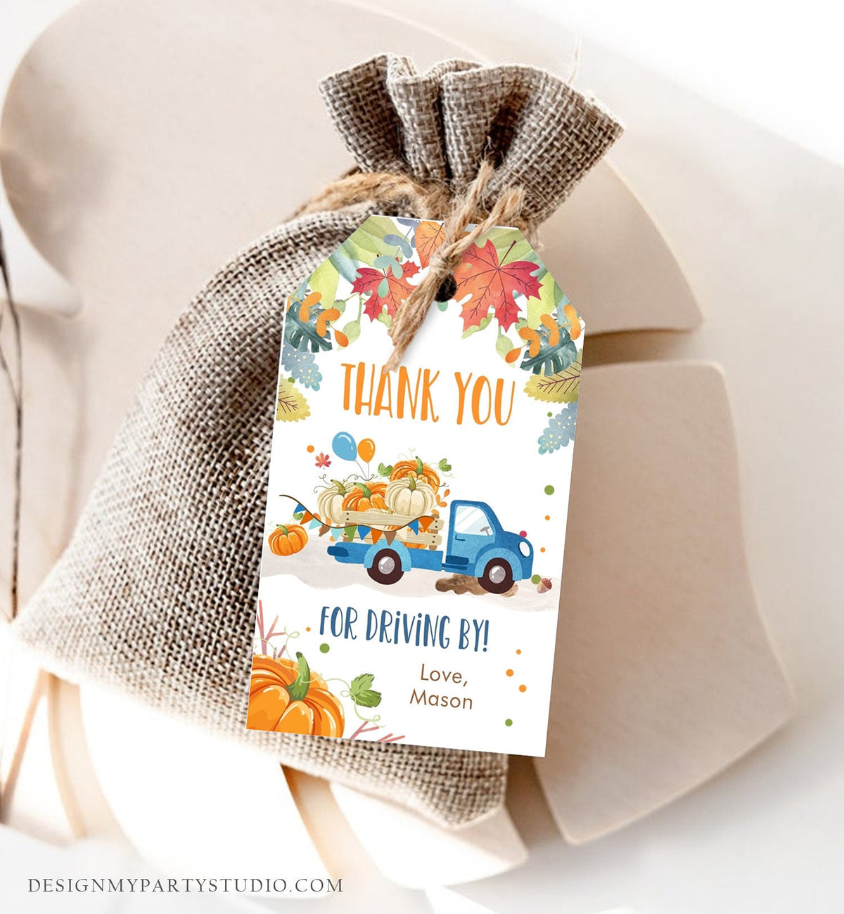 Editable Pumpkin Truck Favor Tag Drive By Birthday Favors Party Parade Fall Thank You Gift Tags Boy Blue Corjl Template Printable 0153