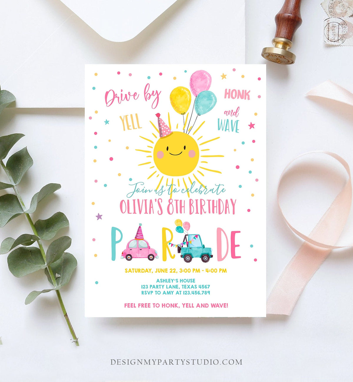 Editable Sunshine Drive By Birthday Parade Invitation Virtual Party Invite Honk Wave Car Girl Pink Quarantine Download Digital Corjl 0141