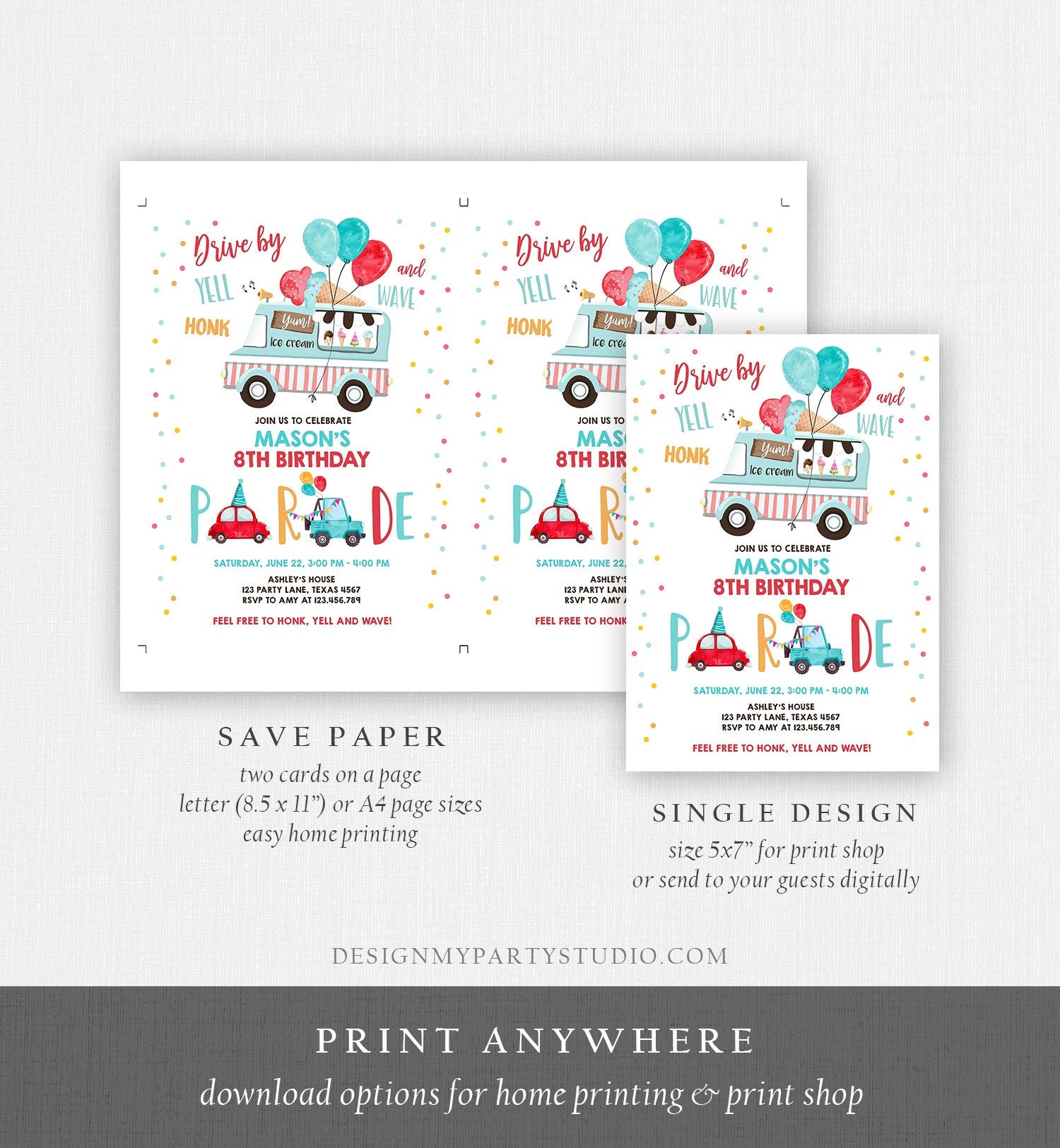 Editable Ice Cream Truck Drive By Birthday Parade Invitation Virtual Party Invite Honk Wave Car Boy Quarantine Download Digital Corjl 0243