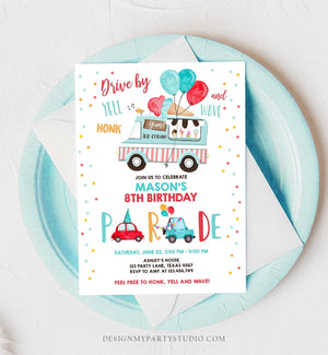 Editable Ice Cream Truck Drive By Birthday Parade Invitation Virtual Party Invite Honk Wave Car Boy Quarantine Download Digital Corjl 0243