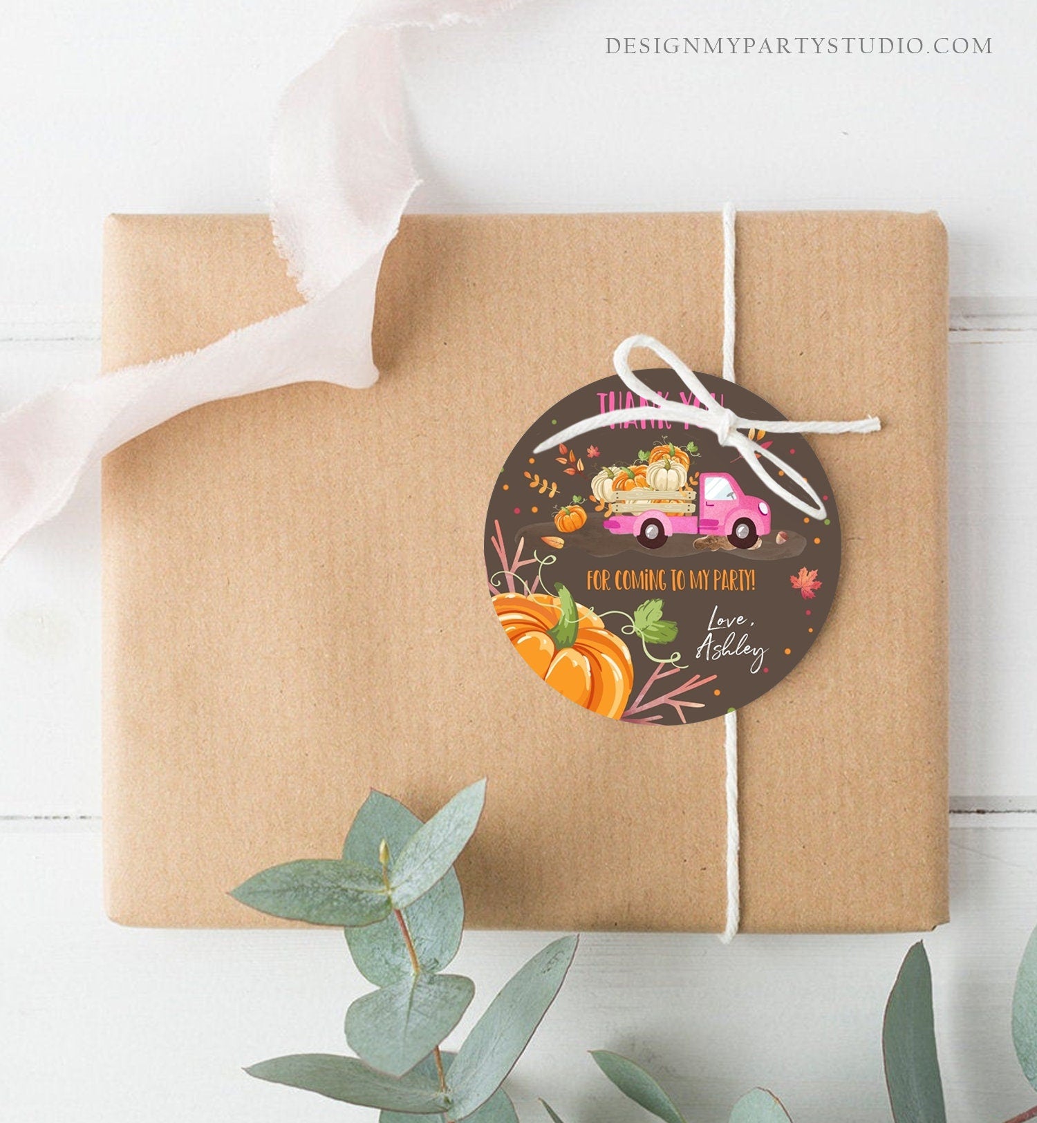 Editable Pumpkin Thank you Tags Pumpkin Truck Stickers Pumpkin Birthday Fall Autumn Pink Pumpkin Truck Girl Favor Tags Template Corjl 0153