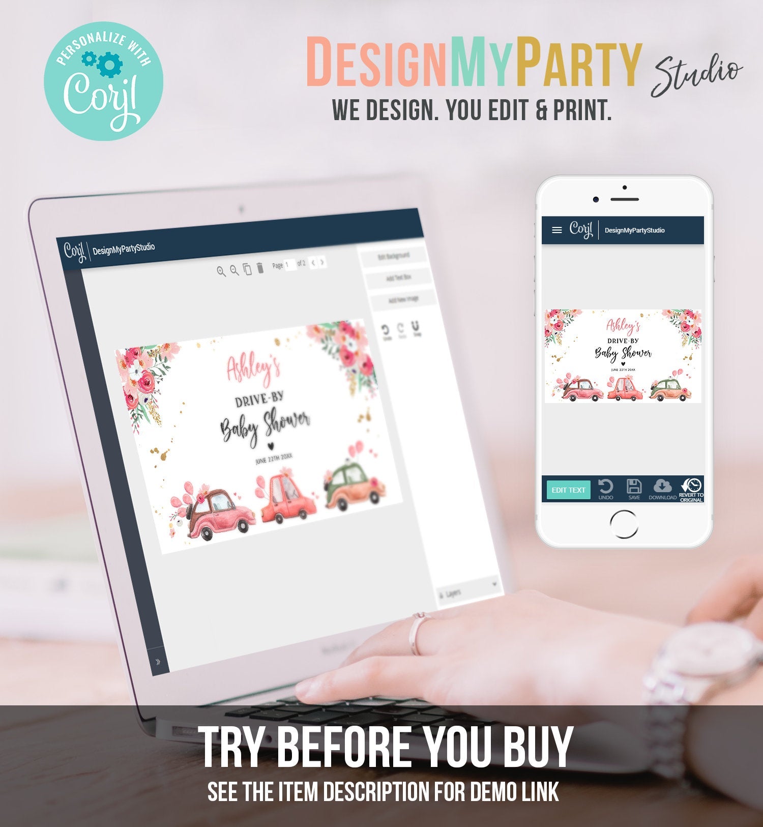 Editable Drive By Baby Shower Sign Welcome Pink Gold Floral Girl Couples Quarantine Party Drive Through Parade Yard Sign Corjl Template 0335