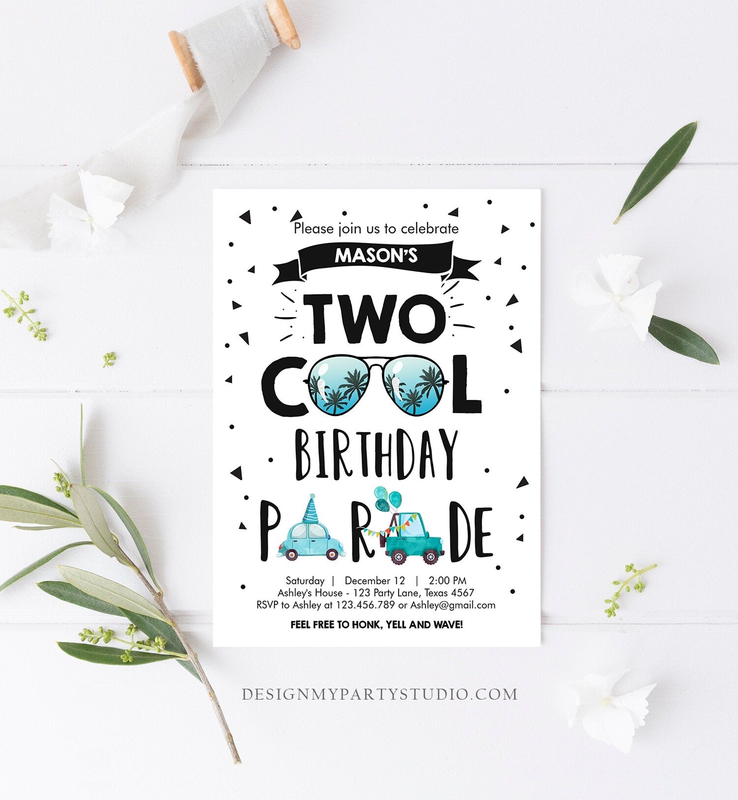 Editable Drive By Birthday Parade Invitation 2nd Birthday Two Cool Invite Honk Wave Car Boy Blue Second Instant Download Digital Corjl 0136