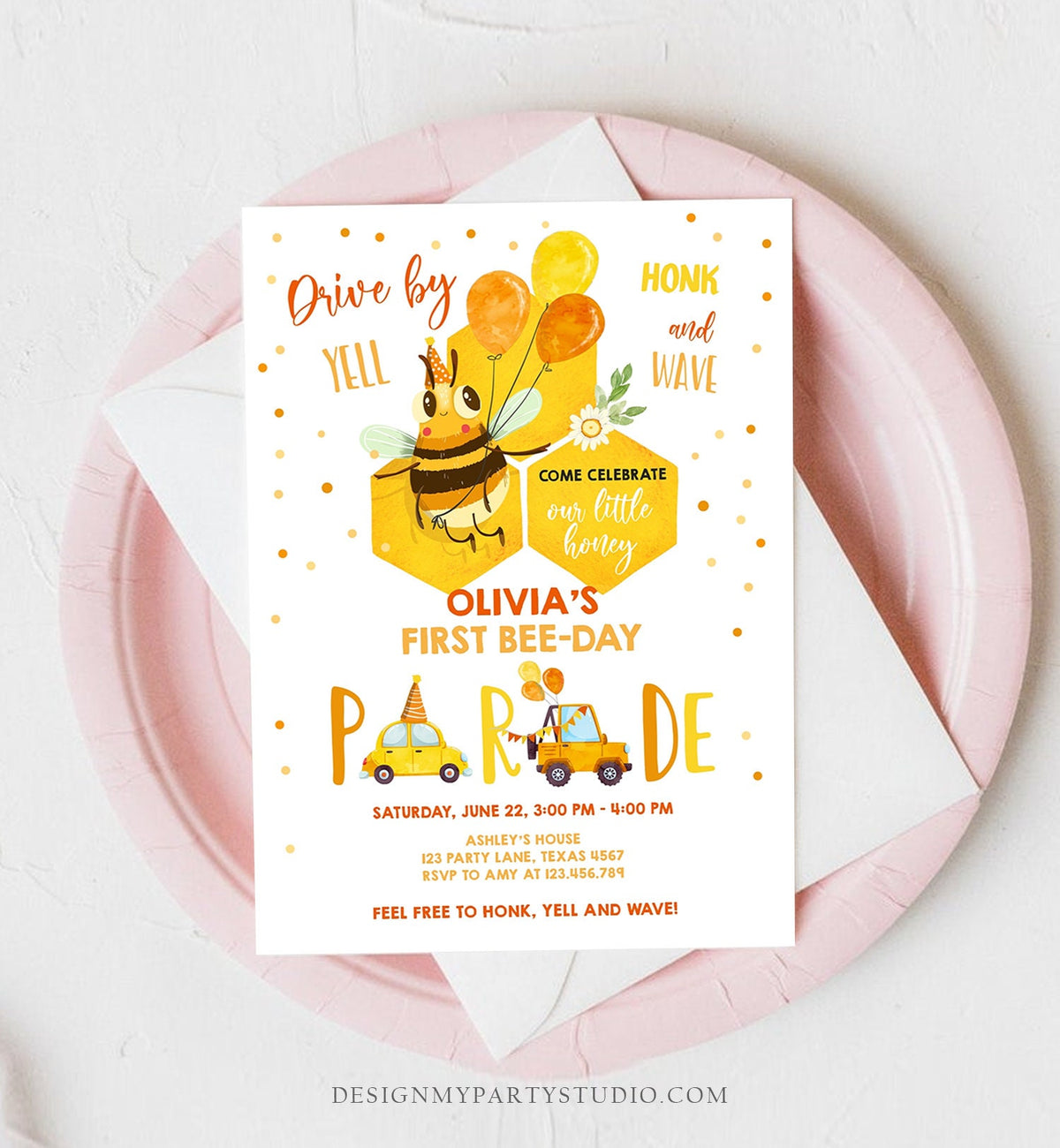 Editable Honey Bee Drive By Birthday Parade Invitation Virtual Party Invite Honk Wave Car 1st Bee Day Quarantine Download Digital Corjl 0317