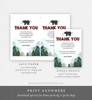 Editable Lumberjack Thank You Card Birthday Rustic Wild One Birthday Bear Forest Buffalo Plaid Trees Download Printable Template Corjl 0377